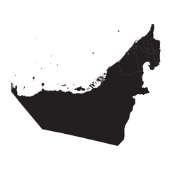 black silhouette map of united arab emirates with internal region borders isolated on white background, vector