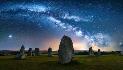 moonlit megalith milky way bokeh night photography cosmic landscape starry night plateau