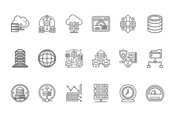 Set web hosting icons depicting servers data clouds network elements vector