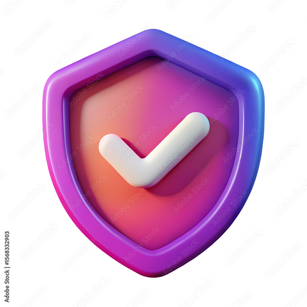 Poster 3d shield icon with check mark symbolizing security and protection in digital space with gradient co