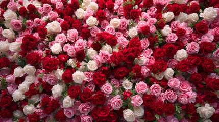 A luxurious wall or bed of red white and pink roses in full bloom