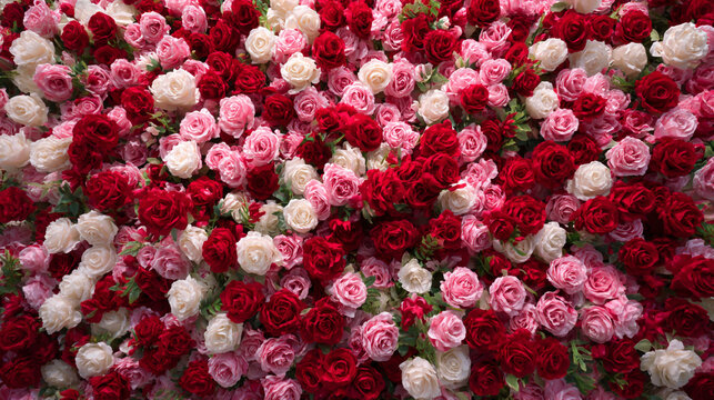 A luxurious wall or bed of red white and pink roses in full bloom