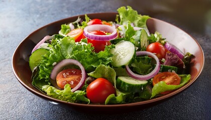 fresh green salad with tomatoes cucumbers and red onion in bowl