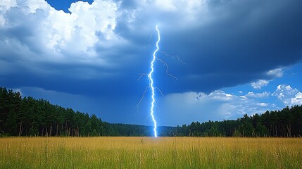 Dramatic lightning strike over a field and forest.