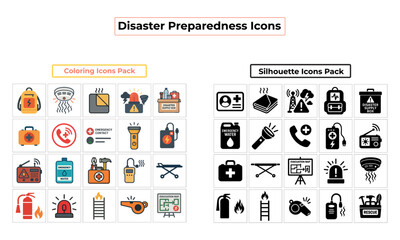 Disaster Preparedness Icons Set – Color and Silhouette Style