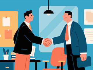 Business figures shake hands with each other, cooperate and communicate. Concept of Internet technology office scenarios, flat vector illustrations