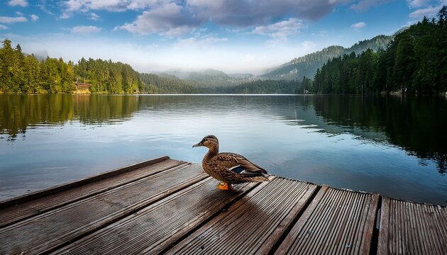 a lone duck resting on a wooden dock overlooking a calm lake
