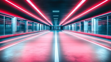 Long, empty tunnel with red lights shining from the ceiling. The tunnel is dimly lit and he is empty. The red lights create a sense of mystery and intrigue