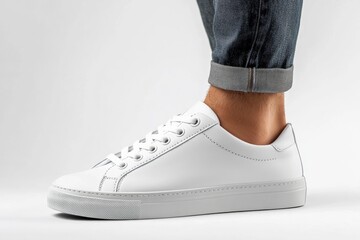 A male model wearing blank white sneakers, standing against a plain white background