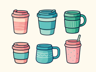 Stylish Disposable & Reusable Coffee Cup Illustrations Set 