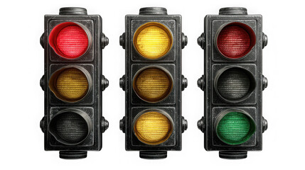 Three traffic lights display red, yellow, and green, isolated on transparent background