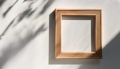 empty wooden frame on a white wall with natural sunlight shadows