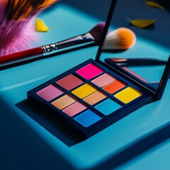 A makeup palette mockup with vibrant colors, resting on a glossy table with some makeup brushes beside it