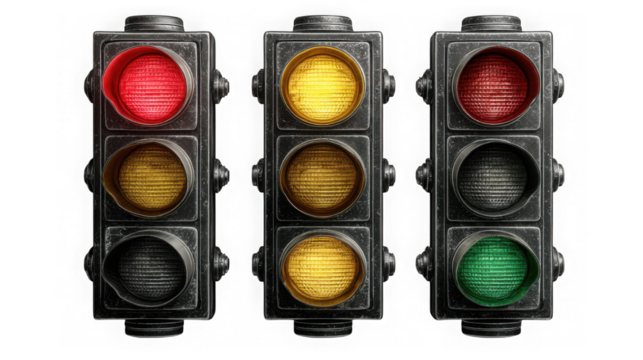 Three traffic lights display red, yellow, and green, isolated on transparent background