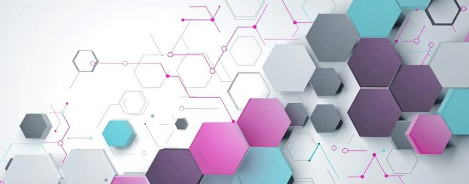 Abstract technology background with a hexagonal pattern and dots for a banner or web template on a white backdrop hexagons are connected by a pink line, forming simple, flat geometric Generative AI