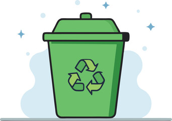 "Green Recycling Bin Cartoon Illustration: Eco-Friendly Trash Container with Recycle Symbol for Waste Management, Environmental Protection, Clean City, and Sustainability Concept Design"