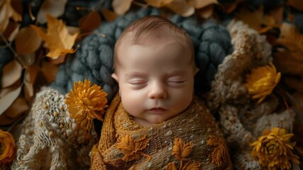 Newborn baby portrait amidst autumn leaves creates a charming scene. Newborn baby portrait shows a serene infant enveloped in fall colors, resting peacefully on soft blanket.