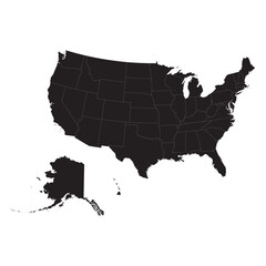 black silhouette map of united states of america with state borders isolated on white background, vector outline