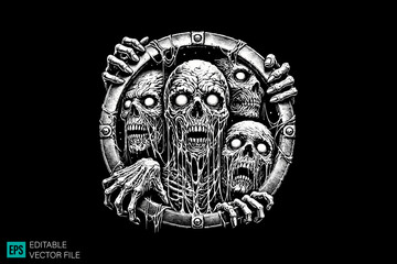 devil skull face scary creepy style tattoo dark art illustration vector black and white background templates