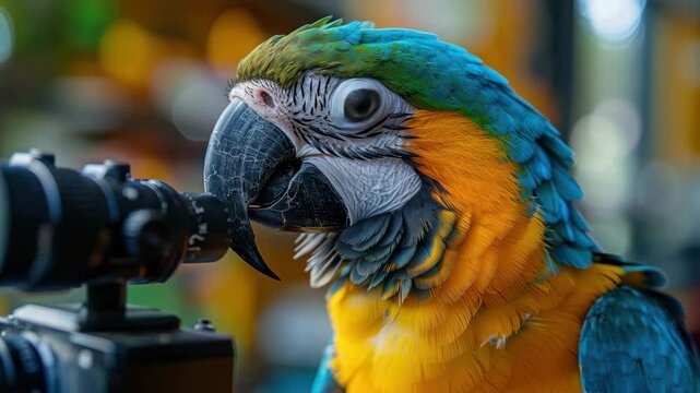Portrait of a macaw, also known as Ara ararauna, alongside camera equipment. Close-up of beautiful parrot Ara ararauna displays stunning plumage and curious gaze near professional gear,