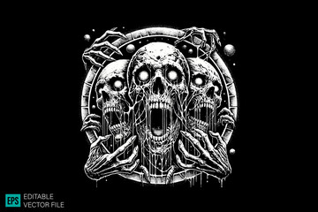 devil skull face scary creepy style tattoo dark art illustration vector black and white background templates