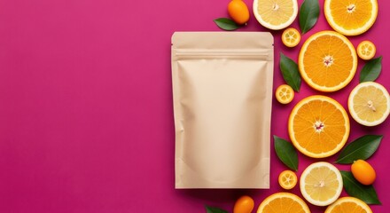 Blank pouch mockup with citrus fruits on a purple background