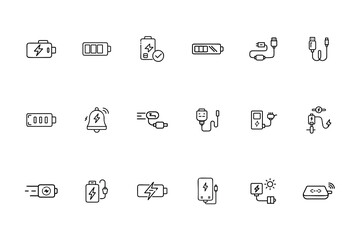 Line icons set charging batteries devices with lightning bolts U S B cables on battery
