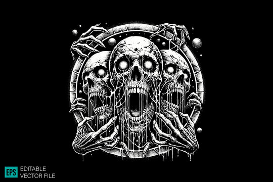 devil skull face scary creepy style tattoo dark art illustration vector black and white background templates