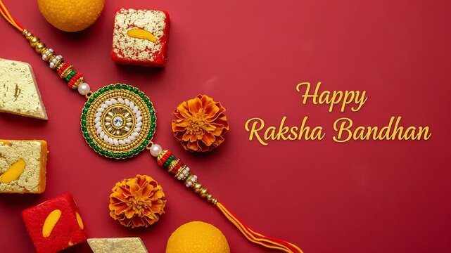 Celebrate the bond of love with Happy Raksha Bandhan greetings featuring sweets and a traditional Rakhi on a red background