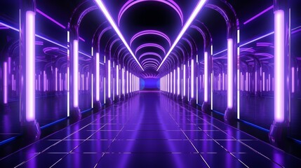 Long, narrow room with purple lights. The room is empty and has a futuristic feel. The lights are arranged in a way that creates a sense of depth and movement
