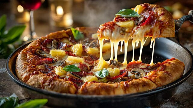 close up hot Hawaiian pizza with stretching cheese,  mozzarella perfect cheese pull with smoke  