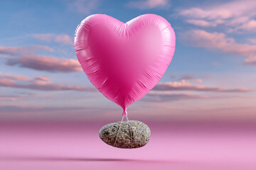 Pink Heart Balloon Lifting Heavy Stone Love Concept Against Sky