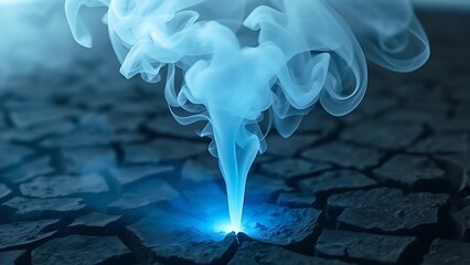 A ghostly translucent plume of smoke rising from cracked earth, illuminated by ethereal blue light.