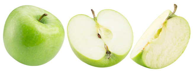collection of green apple with slices isolated on a white background