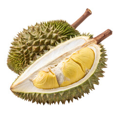 Obraz premium Durian Fruit CloseUp of a Whole and Halved Durian isolated on transparent background