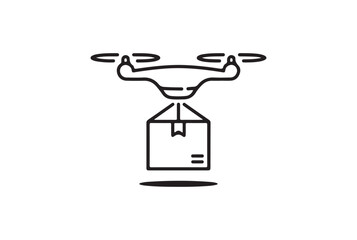 Drone delivering a package with a simple line art design isolated on white background