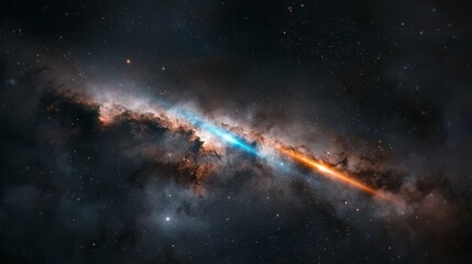 Fototapeta premium Long, thin line of stars with a bright orange and blue streak. The stars are scattered throughout the image, with some closer together and others further apart. Scene is one of wonder and awe