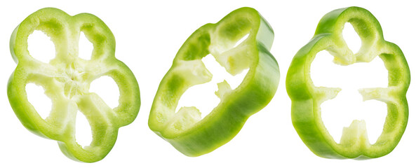 collection of green pepper slices isolated on a white background
