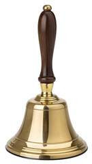 A digital illustration of a classic handbell. It features a polished golden brass bell with a dark brown wooden handle.