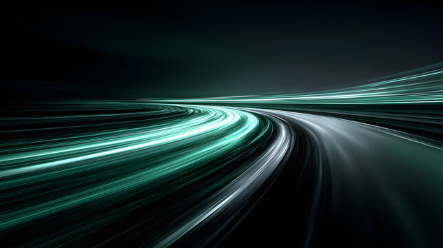 Dynamic emerald green light trails create futuristic speed curve, evoking sense of motion and energy. abstract design suggests technology and innovation in digital landscape
