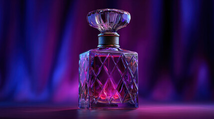 Exquisite crystal perfume bottle with luminous magenta liquid, elegant product shot, high definition