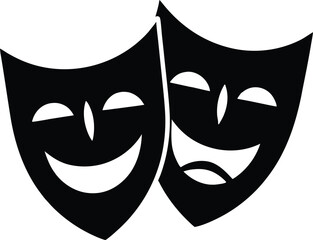 Vector art of two theatrical masks, one happy and one sad, isolated on white background