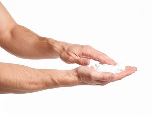 Man's Hands Holding White Soft Cleansing Tablets for Skincare.