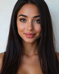 Naklejka premium Elegant portrait of a woman showcasing her long, silky hair and beautiful neckline, perfect for fashion and beauty advertising