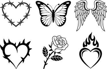 Black vector graphic design elements featuring hearts butterfly wings rose and flames