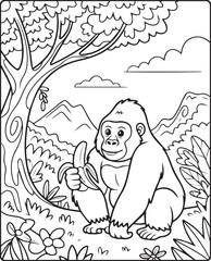Obraz premium Gorilla eating banana under a tree black line art vector illustration coloring page for kids