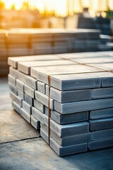 Stacks of concrete paving slabs at construction site under warm evening light

