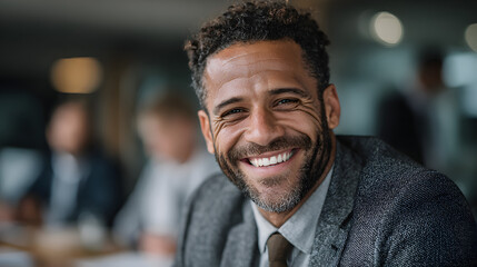 Professional man smiles warmly in a modern office setting during a business meeting