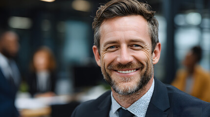 Obraz premium Professional man smiling in office environment during a business meeting