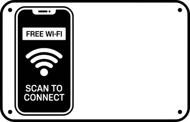 Black and white graphic illustration of a smartphone displaying free wifi and scan to connect